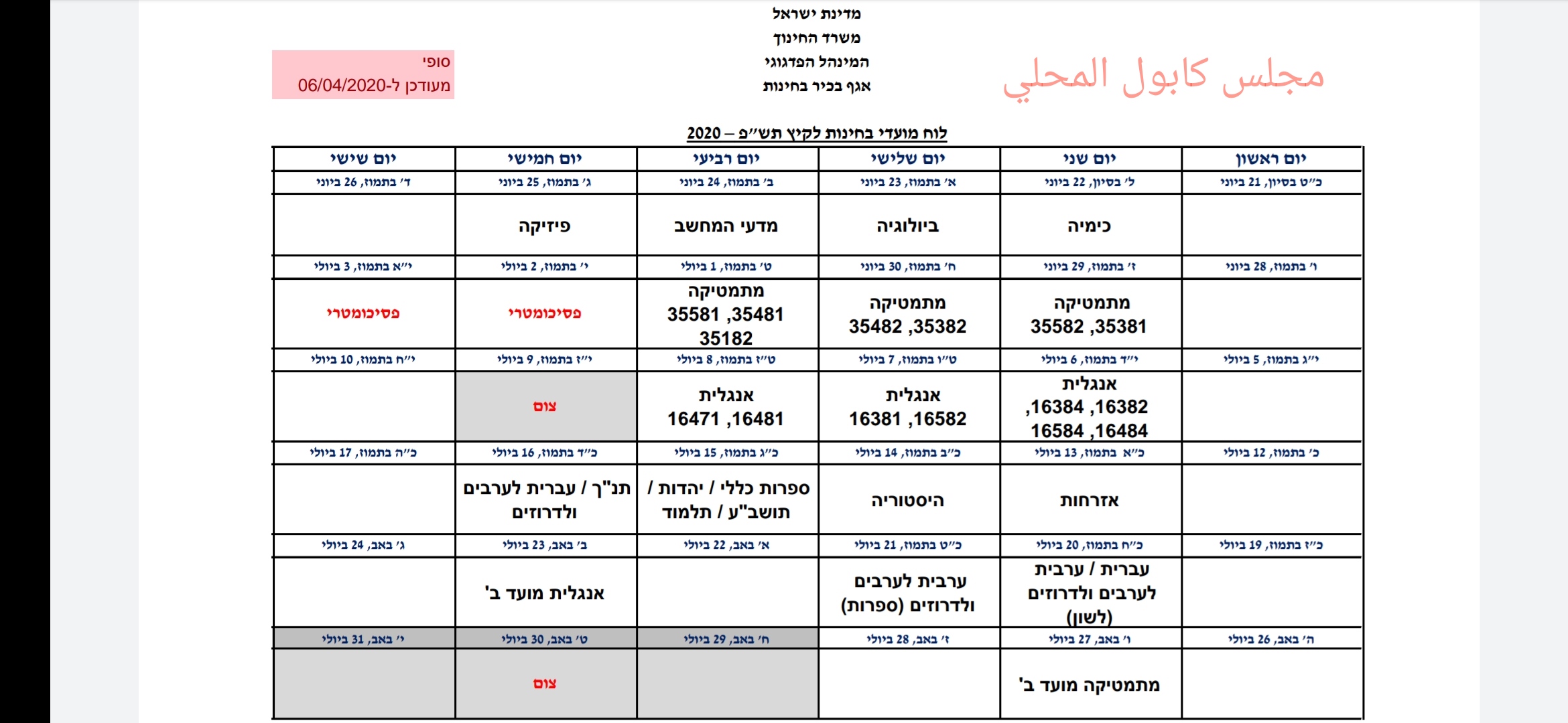 משרד החינוך פרסם את לוח הבגרויות הסופי